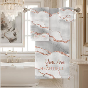 "You Are Beautiful" White Agate Rose Gold Glitter  Bath Towel Set