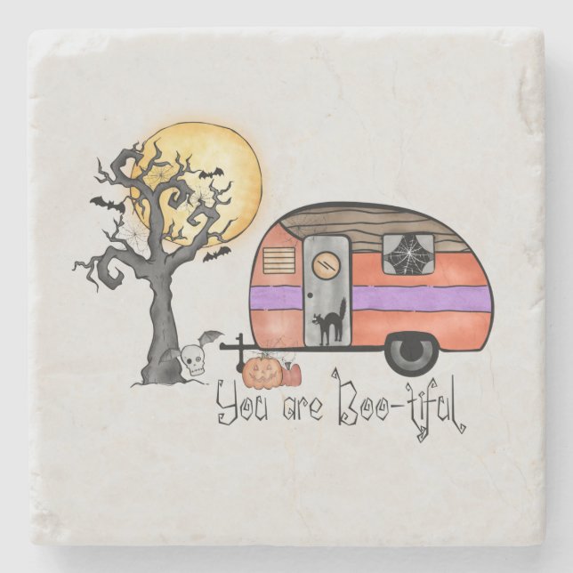 You Are Boo-tiful – Camper Van with Spooky Tree Stone Coaster (Front)