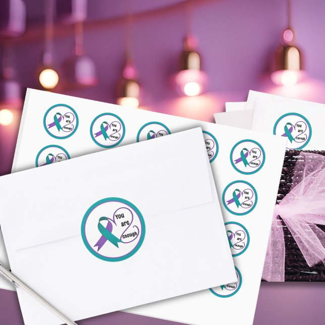 "You Are Enough" Healing Hope Minimalist Quote Classic Round Sticker ("You are Enough" Purple & Teal Stickers for Water Bottles, Notes, Gifts, Divorce, Encouragement
)