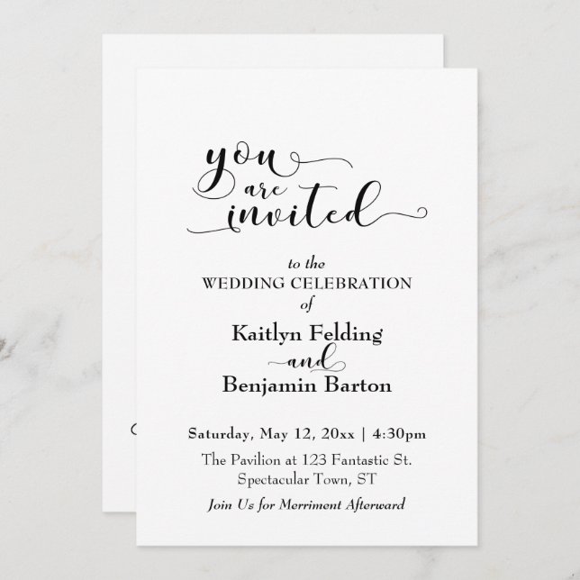 "You Are Invited" Elegant Calligraphy Black White Invitation (Front/Back)