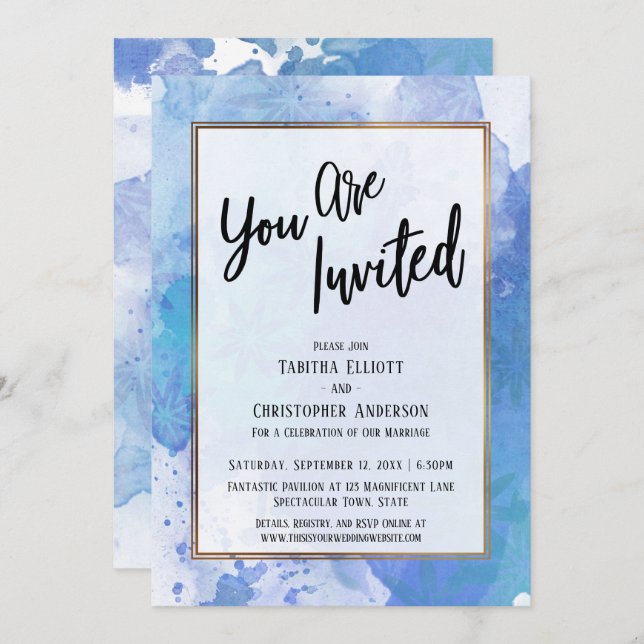 You Are Invited Gold Border Abstract Blue Splash Invitation (Front/Back)