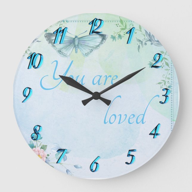 "You are loved" Blue Butterfly Large Clock (Front)