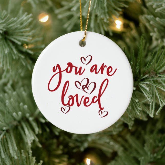 You Are Loved, Entwined Red Hearts Ceramic Ornament (Tree)