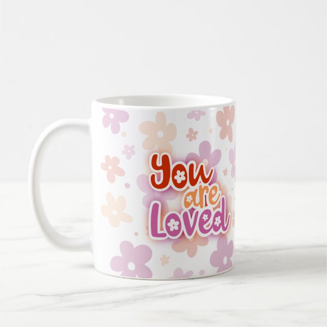 You Are Loved Flowers Lesbian Pride Lettering Coffee Mug (Left)