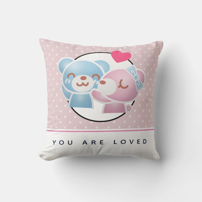 You are Loved Kissing Bears on Polka Dots Cushion (Front)