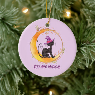 You Are Magical – Witch Black Cat on Crescent Moon Ceramic Ornament