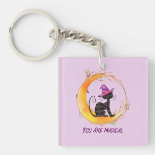You Are Magical – Witch Black Cat on Crescent Moon Key Ring