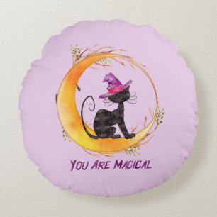 You Are Magical – Witch Black Cat on Crescent Moon Round Cushion