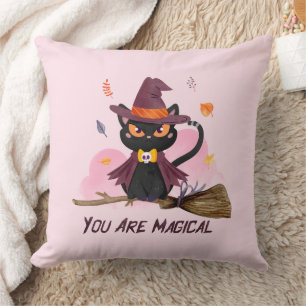 You Are Magical – Witch Cat Riding a Broom Cushion