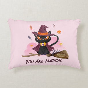 You Are Magical – Witch Cat Riding a Broom Decorative Cushion