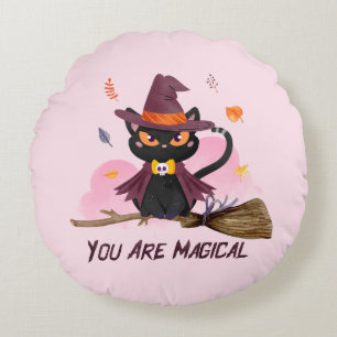 You Are Magical – Witch Cat Riding a Broom Round Cushion