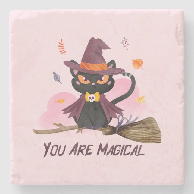 You Are Magical – Witch Cat Riding a Broom Stone Coaster (Front)