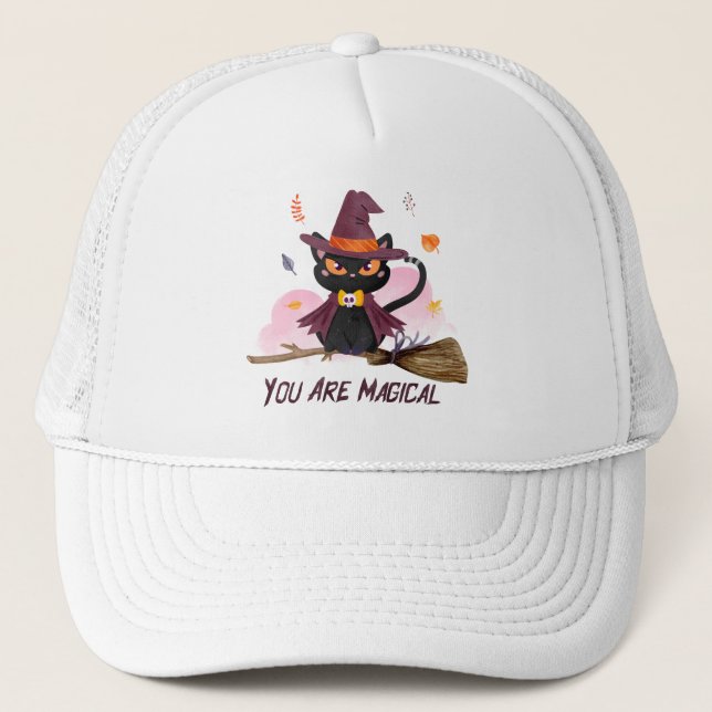 You Are Magical – Witch Cat Riding a Broom Trucker Hat (Front)