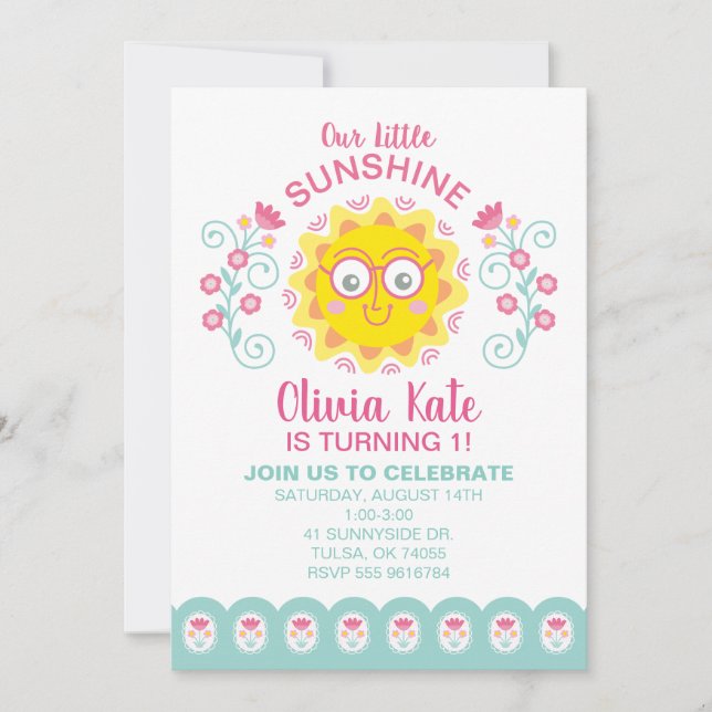 You Are My Sunshine Cute Girl 1st Birthday Party Announcement (Front)