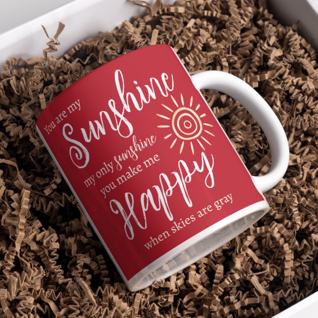 You Are My Sunshine Make Me Happy Christmas Red Coffee Mug (You are my Sunshine you make me Happy Christmas red mug with yellow sun for that special person!)