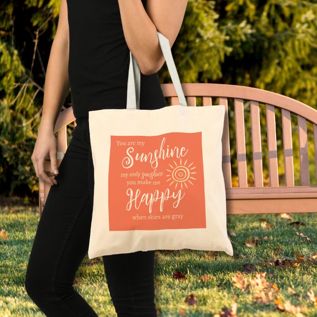 You Are My Sunshine Make Me Happy Peach Orange Tote Bag (You Are My Sunshine You Make Me Happy Tote Bag in Salmon Orange with Yellow Sun & Modern Typography)