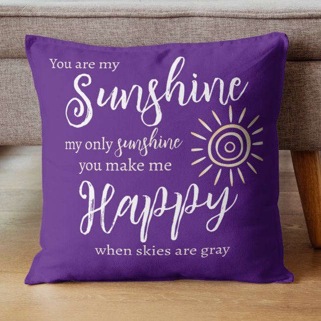 You Are My Sunshine Purple with Sun White Dots Cushion (You Are My Sunshine You Make Me Happy song lyrics on a bright purple background with yellow sun.)