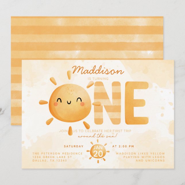 You Are My Sunshine turning one 1st Birthday Party Invitation (Front/Back)