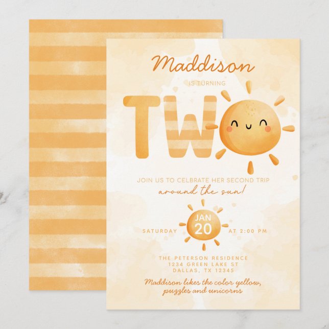 You Are My Sunshine turning TWO 2nd Birthday Party Invitation (Front/Back)