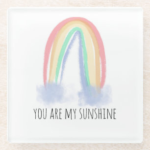 You are my sunshine watercolor painted rainbow  glass coaster