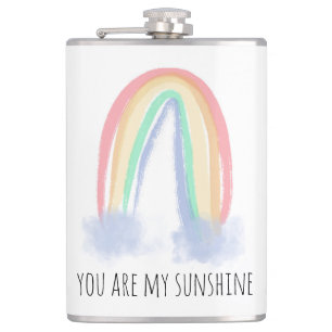 You are my sunshine watercolor painted rainbow hip flask