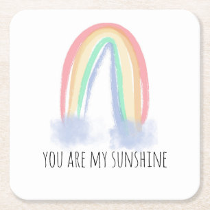 You are my sunshine watercolor painted rainbow square paper coaster
