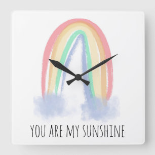 You are my sunshine watercolor painted rainbow square wall clock