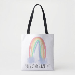 You are my sunshine watercolor painted rainbow   tote bag