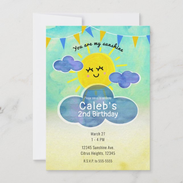 You are my Sunshine Yellow & Blue Birthday Party  Invitation (Front)