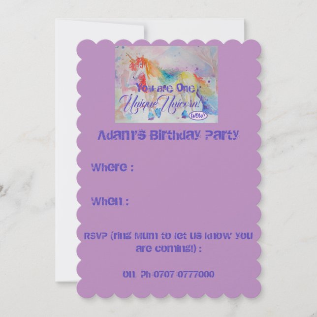 You Are One Unique Unicorn! Birthday Invitation (Front)