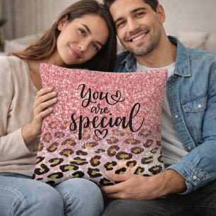 You Are Special Pink Glitter Leopard Print Cushion