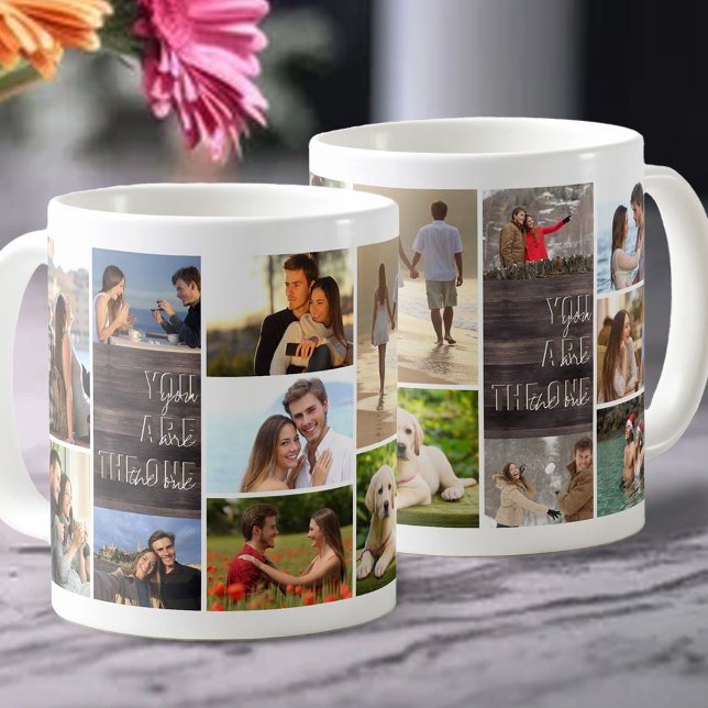 You are the One 14 Photo Collage Wood Panel Coffee Mug (Romantic photo mug with You are the One wording.)