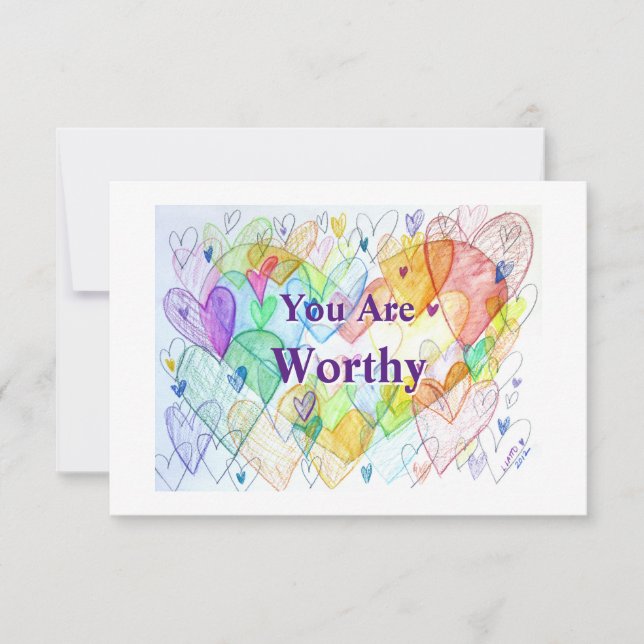 You Are Worthy Rainbow Hearts Art Note Cards (Front)