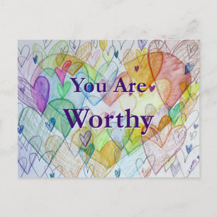 You Are Worthy Rainbow Hearts Art Postcard