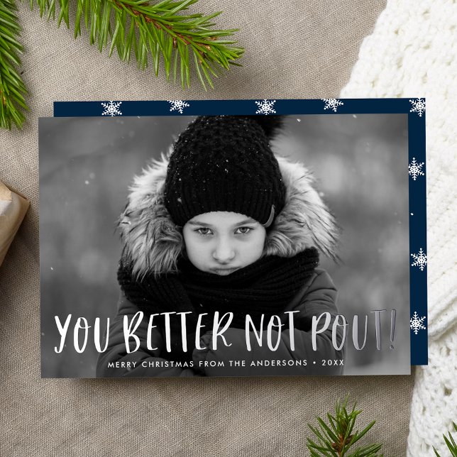 You Better Not Pout Navy Photo Foil Holiday Card (Creator Uploaded)