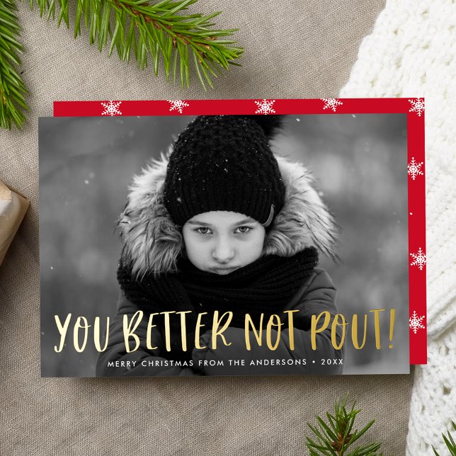 You Better Not Pout Red Photo Foil Holiday Card (Creator Uploaded)
