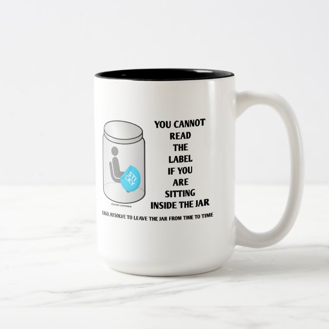 You Cannot Read The Label Sitting Inside Jar Humou Two-Tone Coffee Mug (Right)
