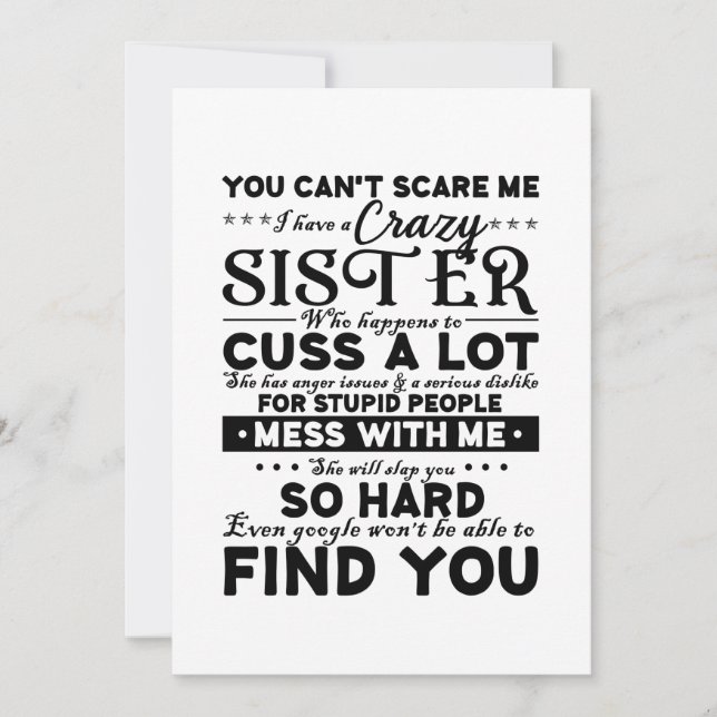 You Cant Scare Me I Have A Crazy Sister Thank You Card (Front)