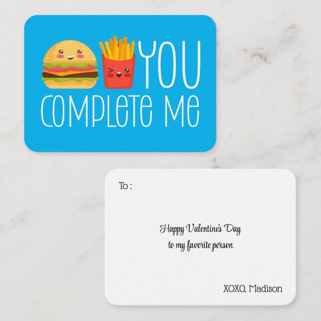 You Complete Me Burger Fries Cute Valentine's Day Card (Front/Back)
