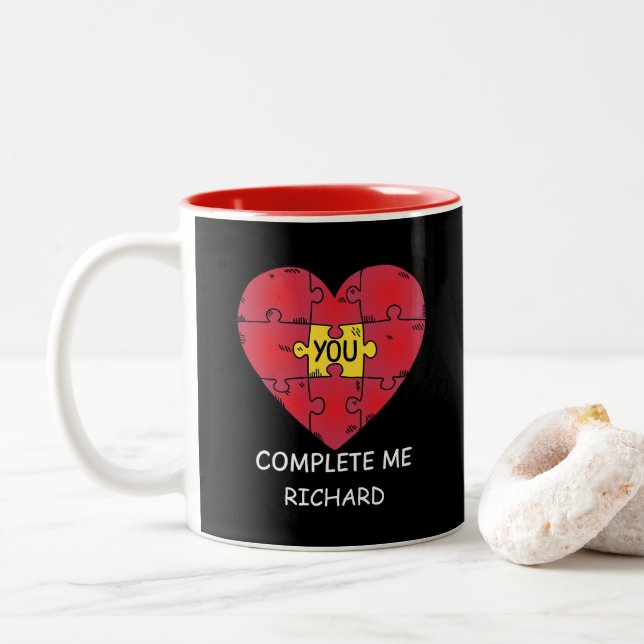 You Complete Me Puzzle Pieces Heart Valentine Day Two-Tone Coffee Mug (With Donut)
