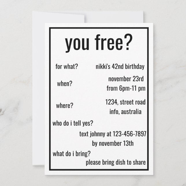You Free? Funny Simple Birthday Minimalist Custom  Invitation (Front)
