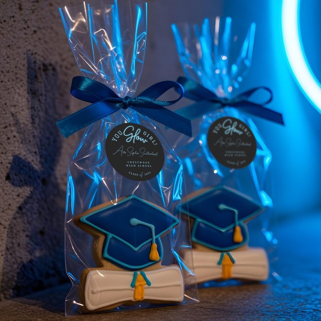 You Glow Girl Grad Blue Neon Script Graduation Classic Round Sticker (You Glow Girl Grad Blue Neon Script Graduation Classic Round Sticker)