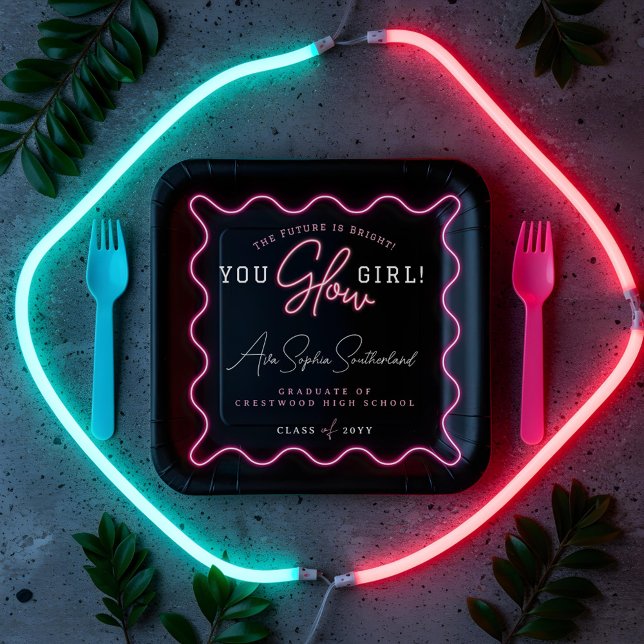 You Glow Girl Retro Wavy Pink Neon Graduation Paper Plate (You Glow Girl Retro Wavy Pink Neon Graduation Paper Plates)