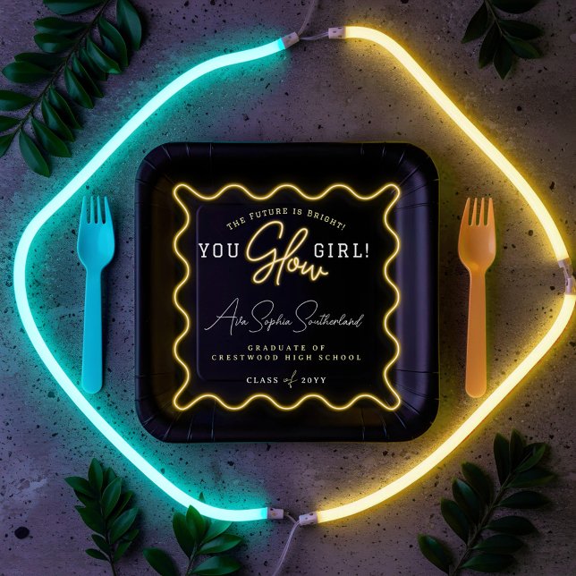 You Glow Girl Retro Wavy Yellow Neon Graduation Paper Plate (You Glow Girl Retro Wavy Yellow Neon Graduation Paper Plates)