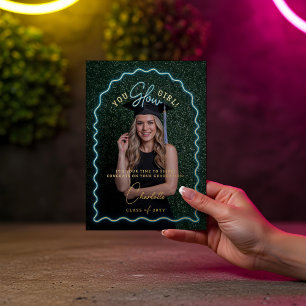 You Glow Girl Wavy Blue Neon Graduation Photo Foil Greeting Card