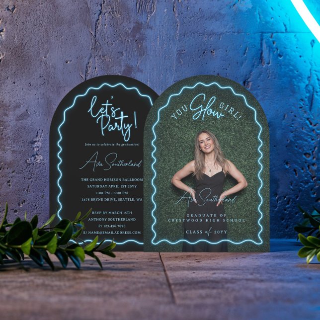 You Glow Girl Wavy Blue Neon Graduation Photo Invitation (You Glow Girl Wavy Blue Neon Graduation Photo Invitation)