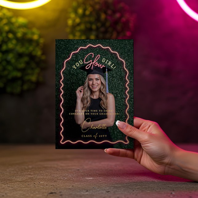 You Glow Girl Wavy Pink Neon Graduation Photo Foil Greeting Card (You Glow Girl Wavy Pink Neon Graduation Photo Foil Greeting Card)