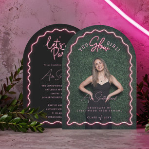 You Glow Girl Wavy Pink Neon Graduation Photo Invitation