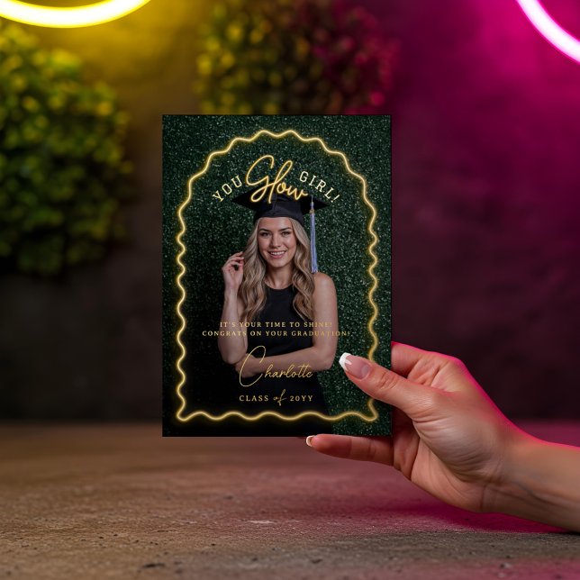 You Glow Girl Wavy Yellow Neon Graduation Photo Foil Greeting Card (You Glow Girl Wavy Yellow Neon Graduation Photo Foil Greeting Card)