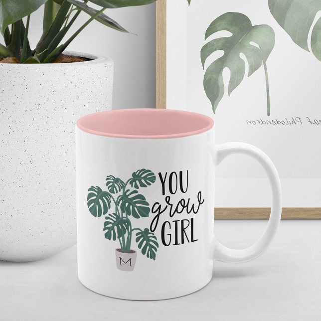 You Grow Girl | Funny Monogram Plant Lovers Two-Tone Coffee Mug (Creator Uploaded)